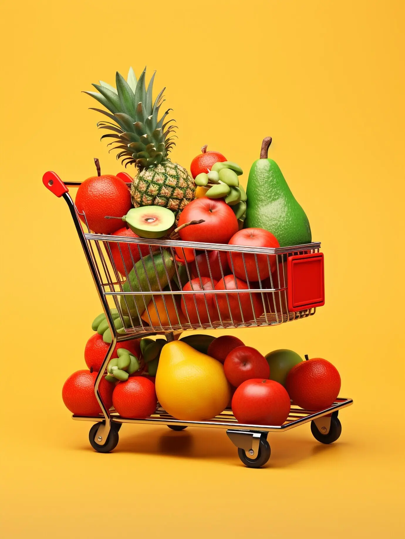 Rendu 3D d’un caddie de courses de style dessin animé.