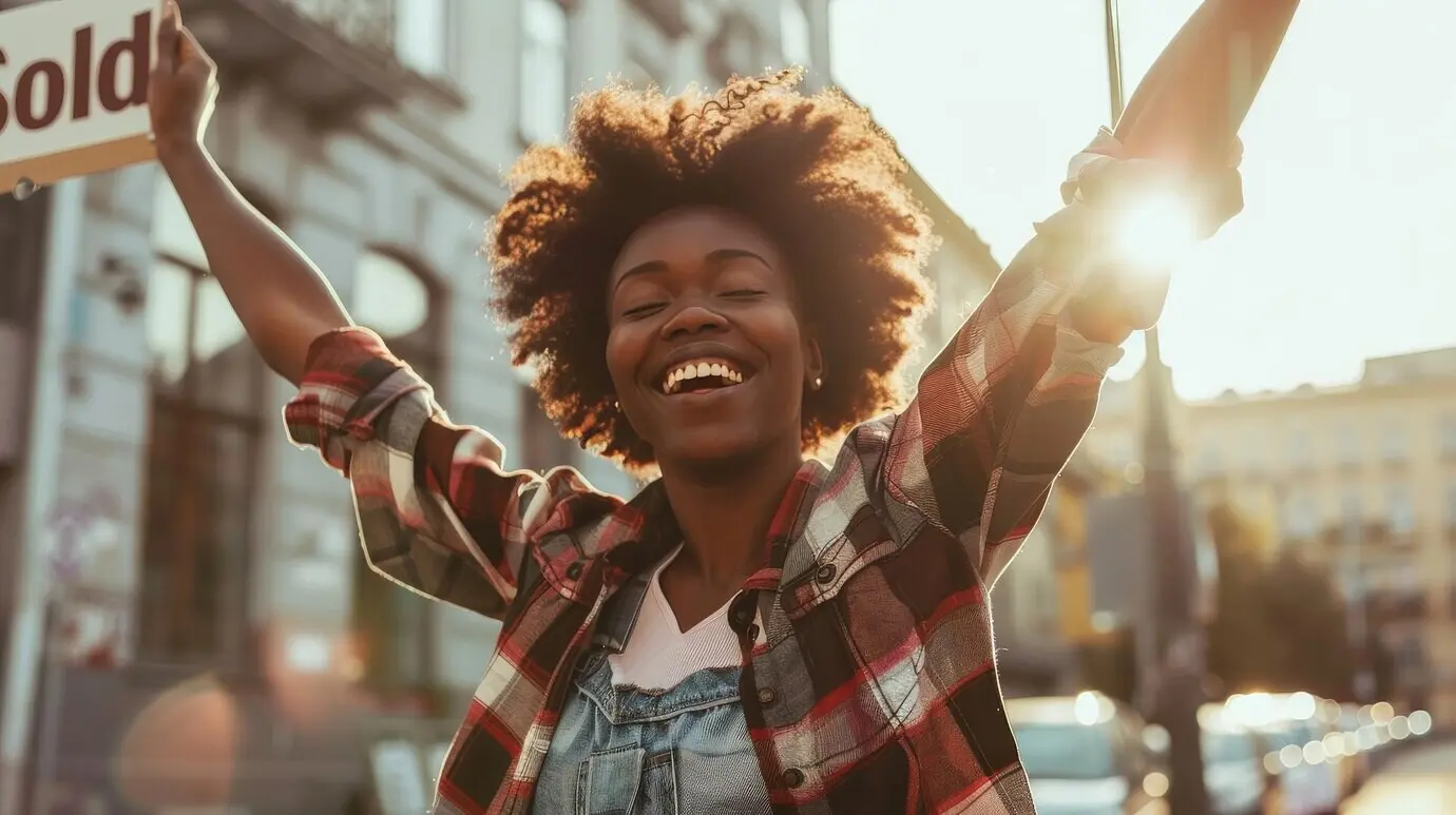 Un nouveau propriétaire, rayonnant de joie, tient une pancarte « Vendu » devant sa nouvelle maison.